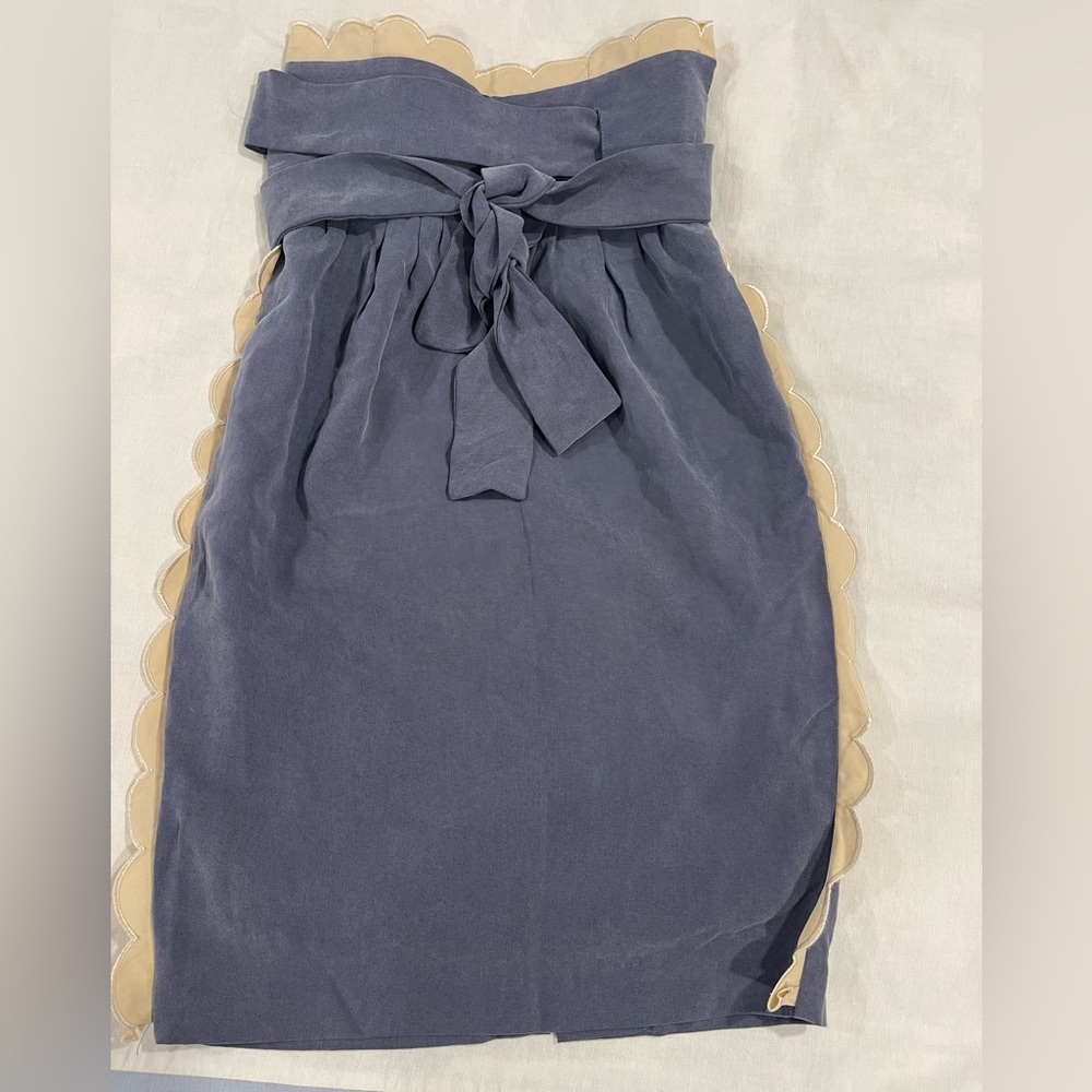 WRAP PENCIL SKIRT FULLY LINED DUSTY BLUE SIDE INVISIBLE ZIPPER SCALLOPED DETAIL